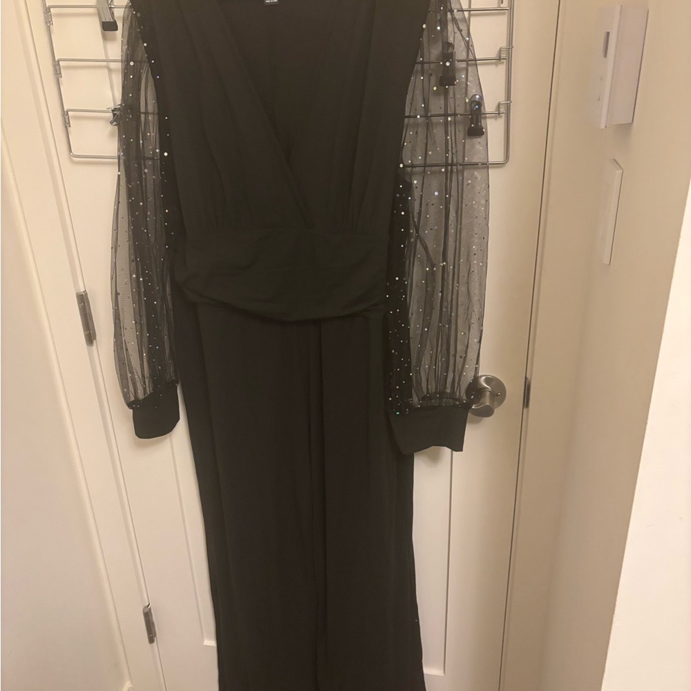 SHEIN Black Jumpsuit with Sheer Embellished Sleeves